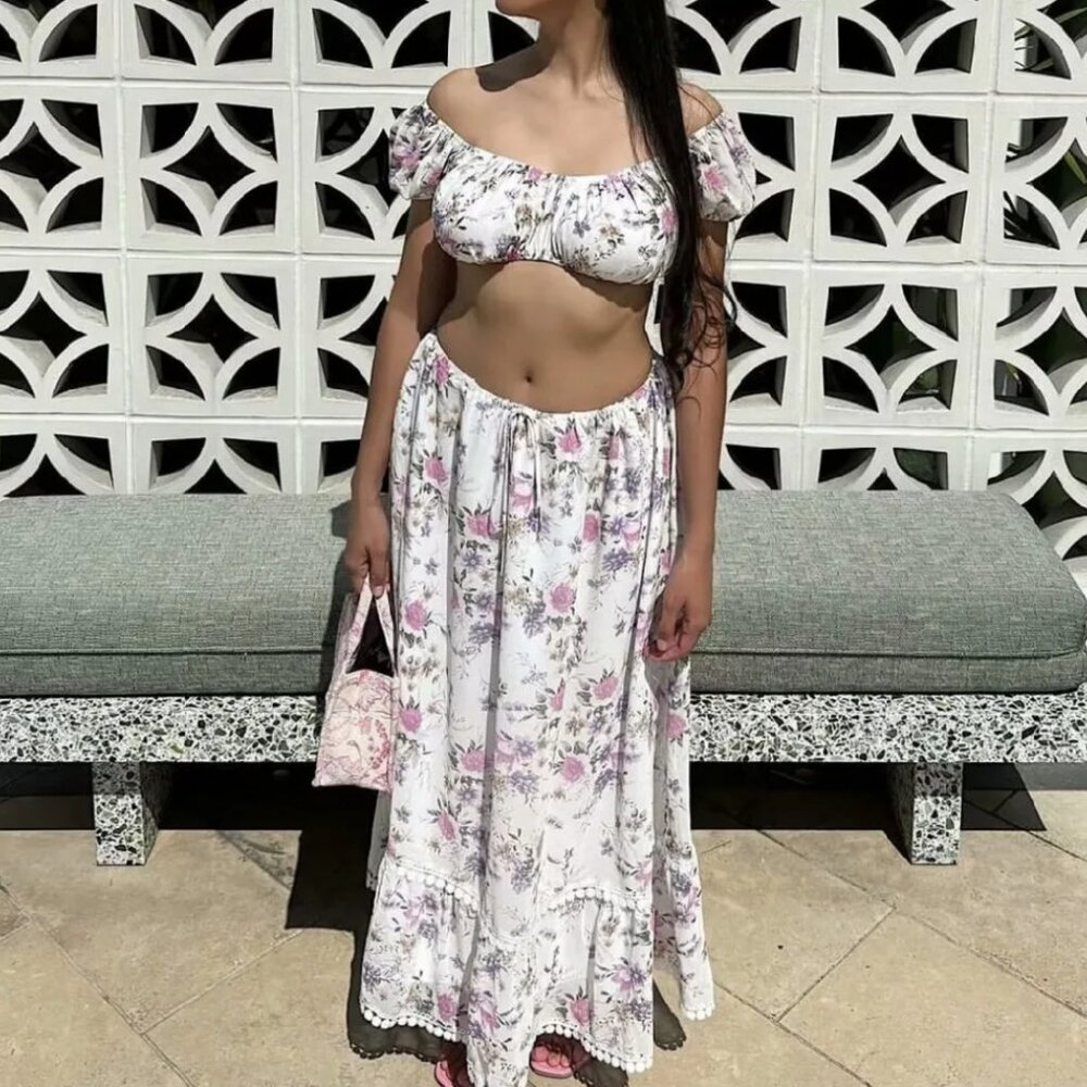 Whispering Roses Boho Floral Print Maxi Skirt, Feminine Summer Skirt